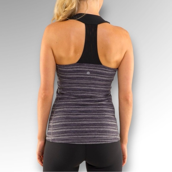 lululemon athletica Tops - Lululemon Tank Top Scoop Neck Black Gray Stripes Galore Yoga Shelf Bra